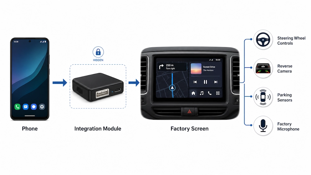 Diagram showing Android Auto connected to a factory screen with retained vehicle features