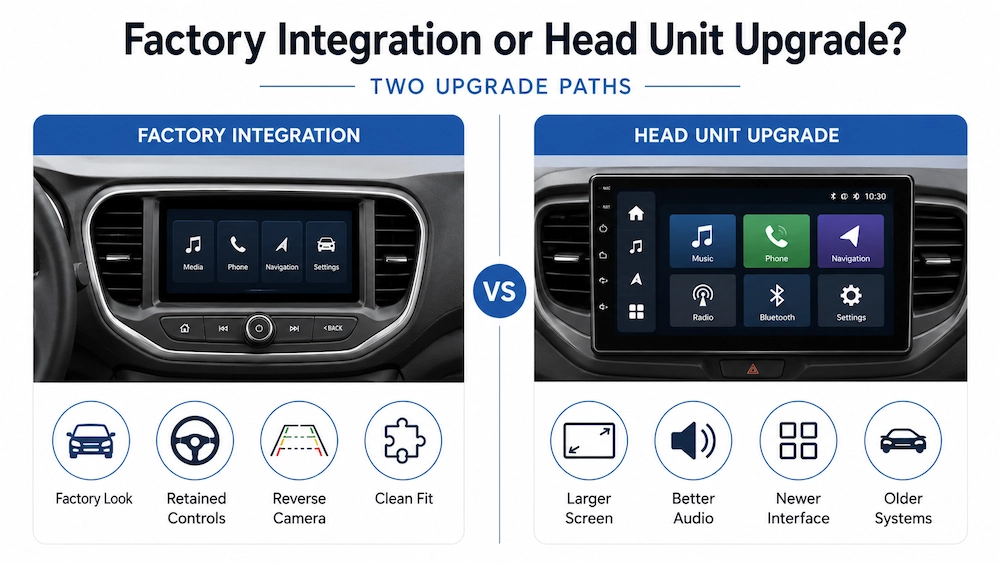 Comparison of factory screen Android Auto integration and full head unit upgrade options