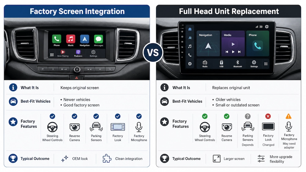Comparison of factory screen Android Auto integration and full head unit upgrade options