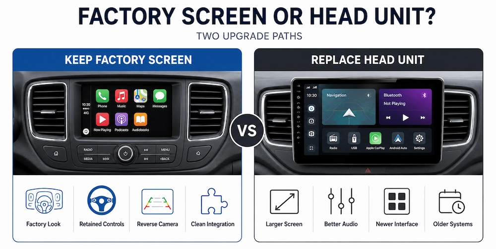 Comparison of factory screen Apple CarPlay integration and head unit replacement options