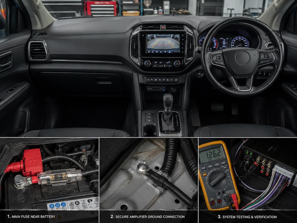 Professional car audio wiring, fuse protection and system testing in a Sydney vehicle