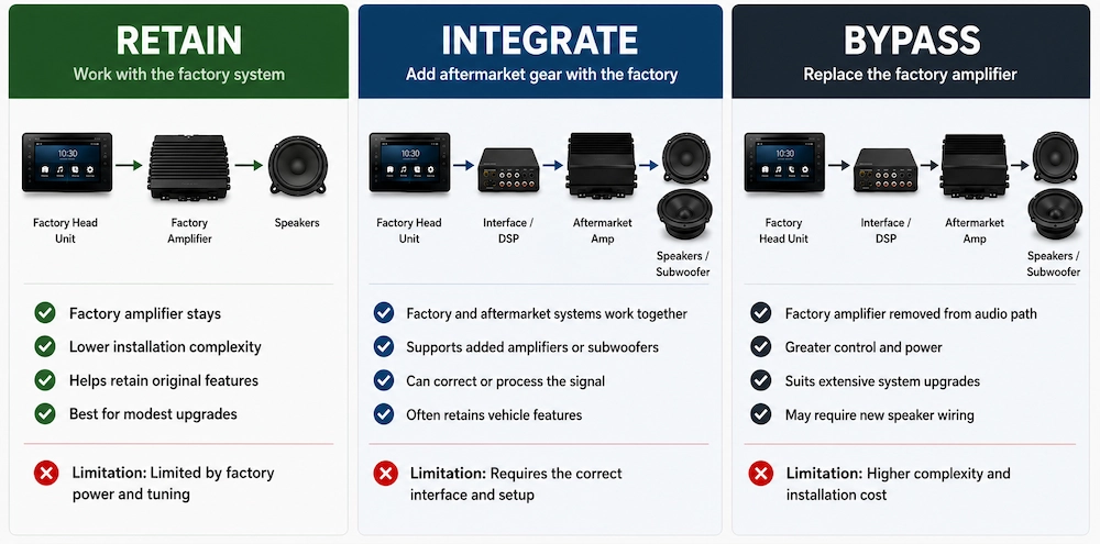 Comparison of retaining, integrating and bypassing a factory car amplifier