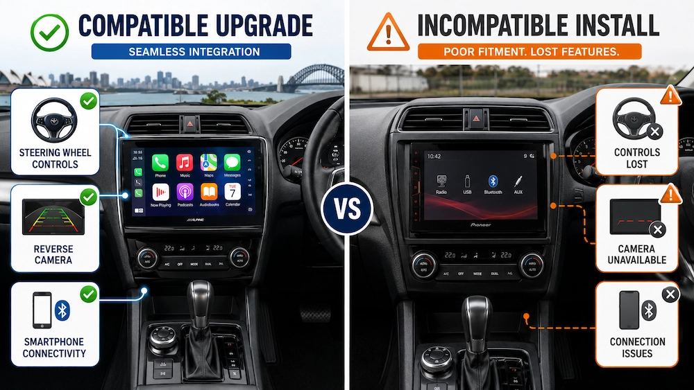 Comparison of compatible and incompatible aftermarket stereo installation requirements